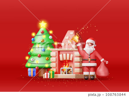 3D Red Brick New Year Fireplace and Santa Claus. 3D Red Brick New Year Fireplace and Santa Claus. 108763844