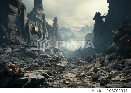 文明の終焉を告げる荒れ果てた建築物の残骸、ポストアポカリプスの世界観 AI画像 108765311
