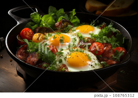 完璧な朝の始まり、焼きたてのベーコンと目玉焼きの美味しさが伝わるイメージ AI画像 108765312