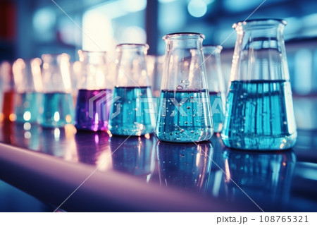 研究室の輝き、化学反応を捉えた鮮やかな色彩の実験シーン AI画像 108765321