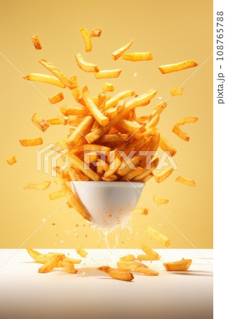 potato fries fly in the air on yellow pastel background. potato fries fly in the air on yellow pastel background. 108765788