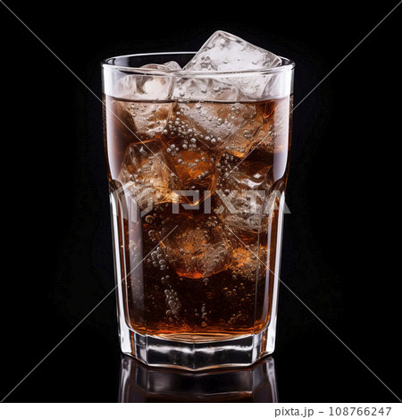 Soda glass with ice cubes. Cold brown drink in transparent glass isolated on black background 108766247