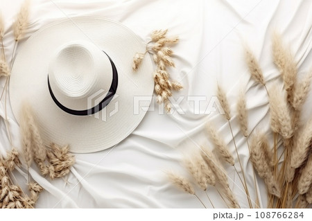 straw weaved hat with dry leaves and wild flowers. Bohemian background, boho flat lay composition 108766284