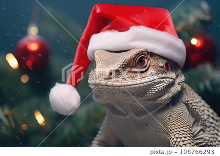 lizard in santa hat and christmas tree with bokeh background lizard in santa hat and christmas tree with bokeh background 108766293