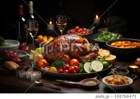 Table setting for traditional thanksgiving day. Turkey with vegetables 108766475