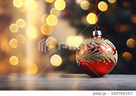 Christmas tree branch over bokeh background. Copy space. Generative AI content 108766567