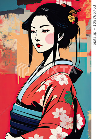 kimono female side view in graffiti background  108766763
