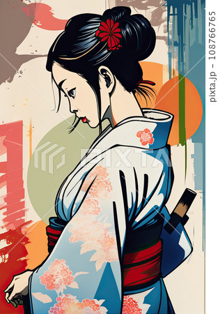 kimono female side view in graffiti background kimono female side view in graffiti background 108766765