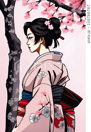 kimono female side view in graffiti background  108766767