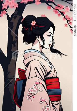 kimono female side view in graffiti background  108766768