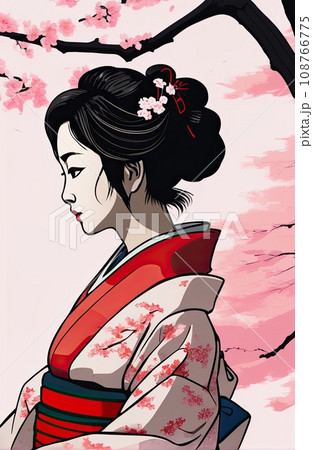 kimono female side view in graffiti background  108766775
