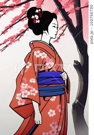 kimono female side view in graffiti background  108766780