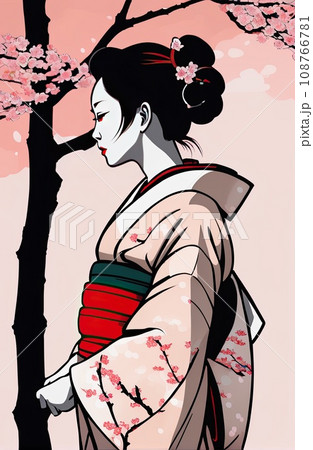 kimono female side view in graffiti background kimono female side view in graffiti background 108766781