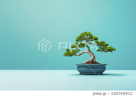 Miniature bonsai tree in a ceramic pot on a background with a copy space.  108768912