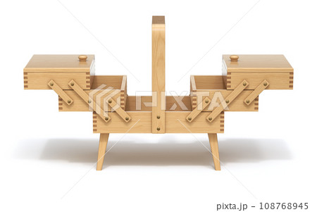 Front view of wooden expandable sewing box with the legs - 3D illustration 108768945