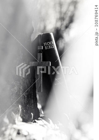 Beautiful sunlight and bright light illuminate the holy cross and Bible, symbolizing the death and resurrection of Jesus Christ. 108769414