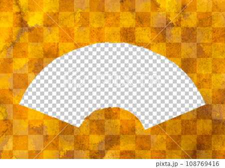 Watercolor fan-shaped cutout illustration, gold leaf, Japanese pattern, checkered pattern 108769416