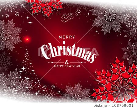 Christmas red composition with abstract fir tree and beautiful snowflakes 108769601