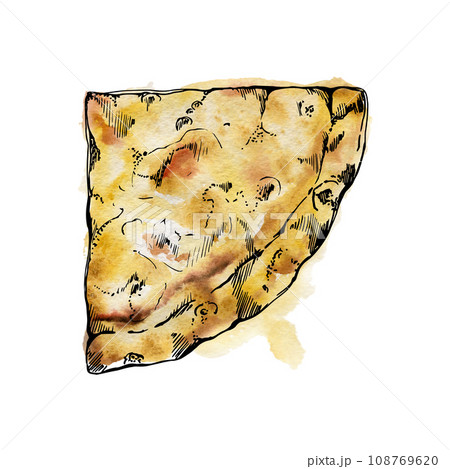Hand drawn watercolor ink illustration. Pizza slice with toppings, traditional Italian cuisine meal. Single object isolated on white. Design restaurant, menu, cafe, food shop or package, flyer, print. 108769620