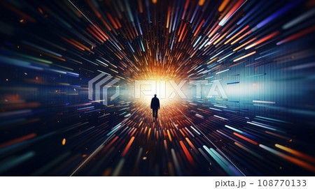 Man standing in front of a tunnel with bright light, AI 108770133