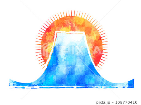 水彩の富士山と日の出のイラスト　和柄　市松 108770410