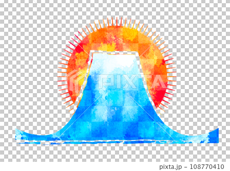 水彩の富士山と日の出のイラスト　和柄　市松 108770410