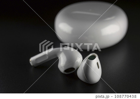 ROSTOV-ON-DON, RUSSIA - APRIL 28, 2018: Apple AirPods wireless Bluetooth headphones and charging case for Apple iPhone. New Apple Earpods Airpods in box. 108770438