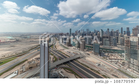 Panorama showing skyline of Dubai with business bay and downtown district timelapse. Panorama showing skyline of Dubai with business bay and downtown district timelapse. 108770597