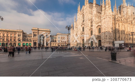 Panorama showing Milan Cathedral and Vittorio Emanuele gallery timelapse. Panorama showing Milan Cathedral and Vittorio Emanuele gallery timelapse. 108770673