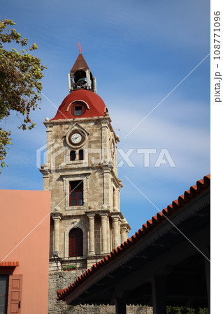 Medieval Roloi Clock Tower, Old Town of Rhodes, Rhodes, Greece, travel to famous place Medieval Roloi Clock Tower, Old Town of Rhodes, Rhodes, Greece, travel to famous place 108771096