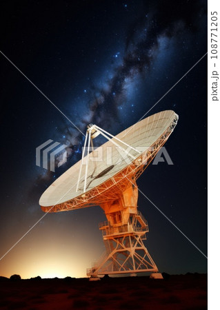 Huge radio telescope aimed directly into sky in middle of deserted desert catching signals 108771205