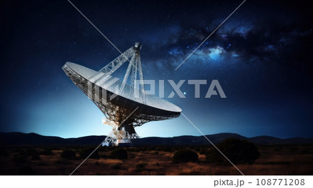 Huge radio telescope aimed directly into sky in middle of deserted desert catching signals 108771208