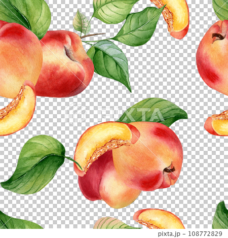 Fresh nectarines whole and half watercolor seamless pattern isolated on white background. Ripe fruits peach and leaves. Apricot hand drawn. Design element for package, textile, wrapping paper, fabric Fresh nectarines whole and half watercolor seamless pattern isolated on white background. Ripe fruits peach and leaves. Apricot hand drawn. Design element for package, textile, wrapping paper, fabric 108772829