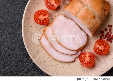 Delicious smoked pork or chicken meat with salt, spices and herbs Delicious smoked pork or chicken meat with salt, spices and herbs 108773098