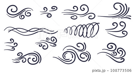 Comics style doodle wind motion collection. Hand drawn vector illustration set 108773506