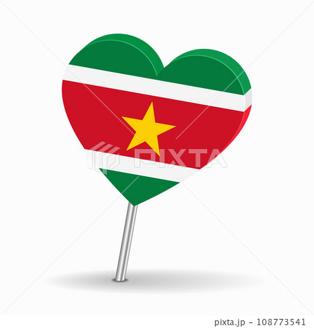 Surinamese flag heart-shaped map pointer layout. Vector illustration. Surinamese flag heart-shaped map pointer layout. Vector illustration. 108773541