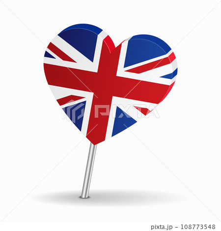 British flag heart-shaped map pointer layout. Vector illustration. 108773548