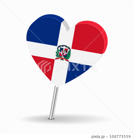 Dominican Republic flag heart-shaped map pointer layout. Vector illustration. 108773559