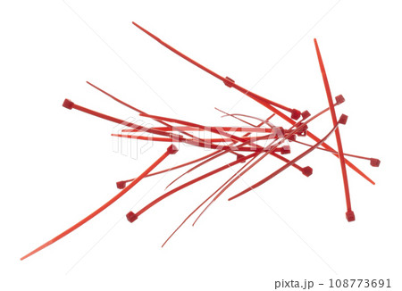 Plastic Cable tie in red to hold cable together or wrap around things for electrician, maintenance, repair man. Close up Plastic Cable tie small size, white background isolated Plastic Cable tie in red to hold cable together or wrap around things for electrician, maintenance, repair man. Close up Plastic Cable tie small size, white background isolated 108773691