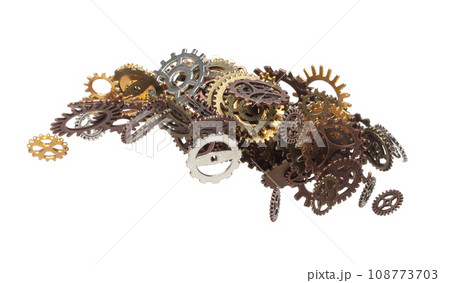 Cog wheel gear is spare part for industrial steel. Cogwheel gear head is innovation and brain teamwork. Many group gear wheel in difference color size fly in air. White background isolated 108773703