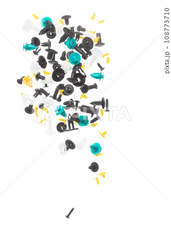 Car fender rivets fly explosion, colorful automobile fender rivets float explode, abstract cloud fly. Automobile plastic rivets splash throwing in Air. White background Isolated Car fender rivets fly explosion, colorful automobile fender rivets float explode, abstract cloud fly. Automobile plastic rivets splash throwing in Air. White background Isolated 108773710