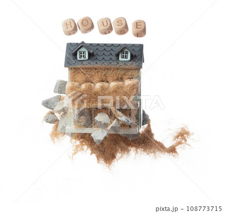 Dream House fly float in air with magic gravel sand. Construction of sand rock gravel is material base making Dream home. Miniature house takes flight enchanting gravel sand. White background isolated Dream House fly float in air with magic gravel sand. Construction of sand rock gravel is material base making Dream home. Miniature house takes flight enchanting gravel sand. White background isolated 108773715