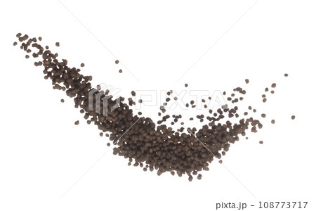 Fertilizer brown chemical accelerate growth fly fall explosion, many tiny ball fertilizer for planting float throw in mid air. White background isolated high speed freeze motion 108773717