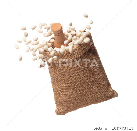 White bean fly throw up in Sack bag, white bean float explode, abstract cloud fly. Off-white beans splash throwing in Air. White background Isolated high speed shutter, freeze motion 108773719