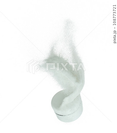 Cosmetic container white bottle fly splashing on white sand. Tube transparent sand powder in mid air. Moisturizer lotion cream bottle explosion flying. White background isolated high speed shutter 108773721