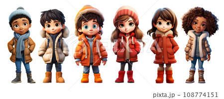 Cute Cartoon Realistic Happy Children Dressed in Winter Clothes Characters Set 108774151