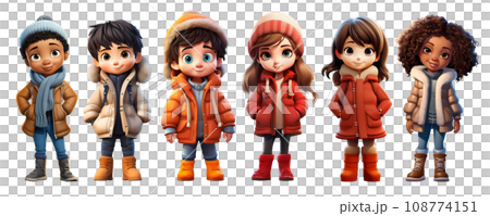 Cute Cartoon Realistic Happy Children Dressed in Winter Clothes Characters Set 108774151