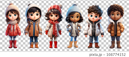 Cute Cartoon Realistic Happy Children Dressed in Winter Clothes Characters Set 108774152