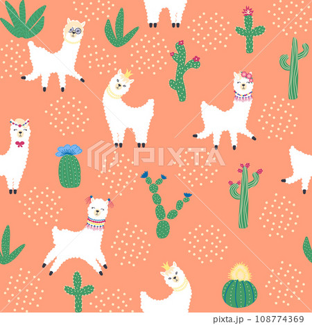 Cute pattern with llamas, cacti, Alps mountains, dream catcher, rainbows and hearts. Children s room design Cute pattern with llamas, cacti, Alps mountains, dream catcher, rainbows and hearts. Children s room design 108774369