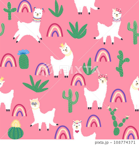 Cute pattern with llamas, cacti, Alps mountains, dream catcher, rainbows and hearts. Children s room design 108774371